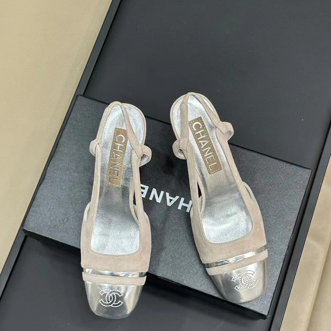 HIGH SLINGBACKS IN GREY SUEDE AND SILVER LAMBSKIN