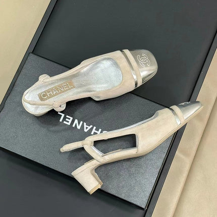 SLINGBACKS IN GREY SUEDE AND SILVER LAMBSKIN