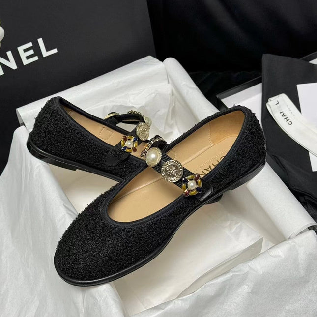 CC MARY JANES BLACK WOOL TWEED AND FABRIC