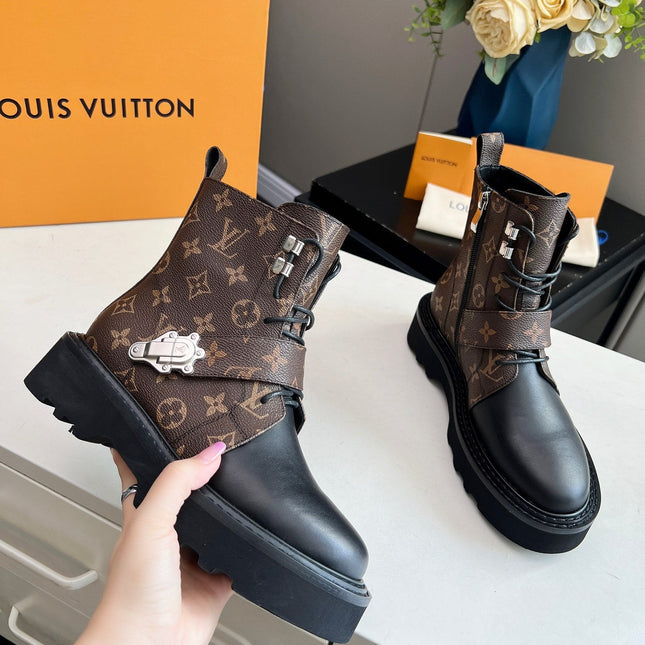 LV WOMEN'S BEAUBOURG ANKLE BOOT IN BLACK MIX CACAO MONOGRAM CALFSKIN