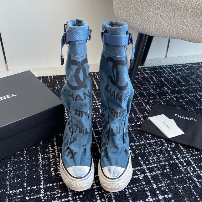 HIGH BOOTS IN OCEAN BLUE CANVAS