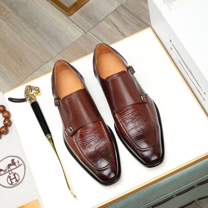 HM DOUBLE MONK STRAP RUSSET WITH CROCODILE MOTIF CALFSKIN