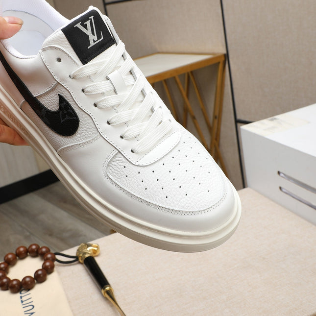 LV AIR FORCE 1 GLOSSY WHITE CALFSKIN WITH BLACK MONOGRAM LOGO