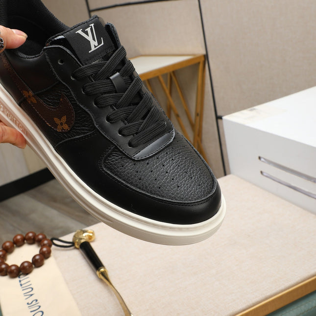 LV AIR FORCE 1 GLOSSY BLACK CALFSKIN WITH BROWN MONOGRAM LOGO