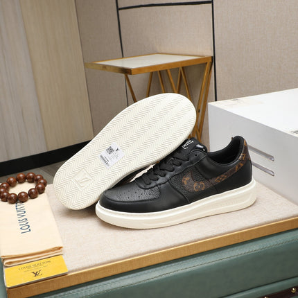 LV AIR FORCE 1 GLOSSY BLACK CALFSKIN WITH BROWN MONOGRAM LOGO