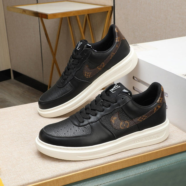 LV AIR FORCE 1 GLOSSY BLACK CALFSKIN WITH BROWN MONOGRAM LOGO