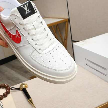LV AIR FORCE 1 GLOSSY WHITE CALFSKIN WITH RED MONOGRAM LOGO
