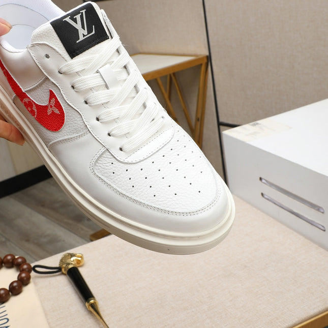 LV AIR FORCE 1 GLOSSY WHITE CALFSKIN WITH RED MONOGRAM LOGO