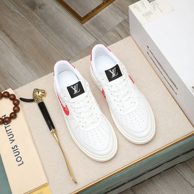 LV AIR FORCE 1 GLOSSY WHITE CALFSKIN WITH RED MONOGRAM LOGO