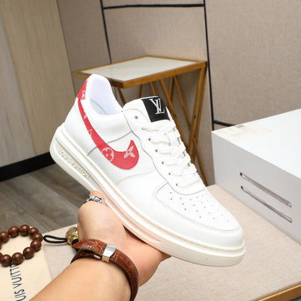 LV AIR FORCE 1 GLOSSY WHITE CALFSKIN WITH RED MONOGRAM LOGO
