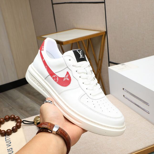 LV AIR FORCE 1 GLOSSY WHITE CALFSKIN WITH RED MONOGRAM LOGO