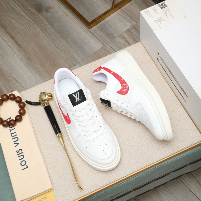 LV AIR FORCE 1 GLOSSY WHITE CALFSKIN WITH RED MONOGRAM LOGO