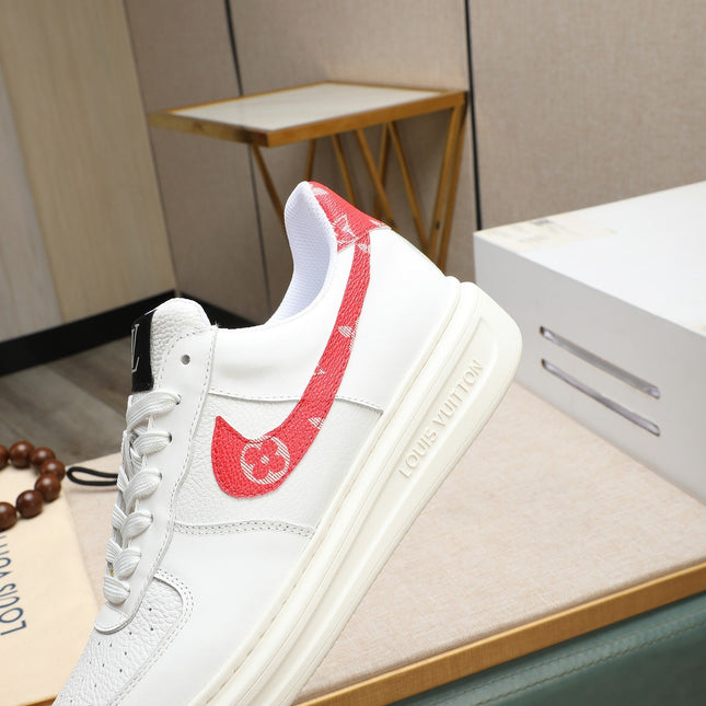 LV AIR FORCE 1 GLOSSY WHITE CALFSKIN WITH RED MONOGRAM LOGO