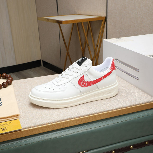 LV AIR FORCE 1 GLOSSY WHITE CALFSKIN WITH RED MONOGRAM LOGO