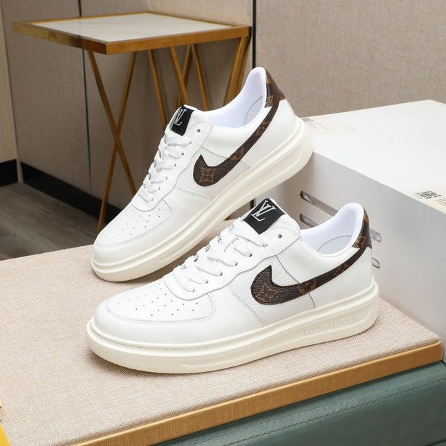 LV AIR FORCE 1 GLOSSY WHITE CALFSKIN WITH BROWN MONOGRAM LOGO