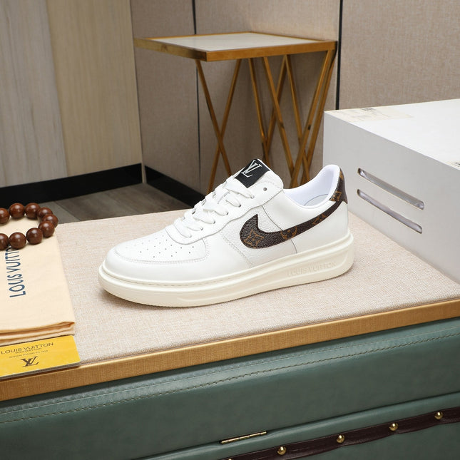 LV AIR FORCE 1 GLOSSY WHITE CALFSKIN WITH BROWN MONOGRAM LOGO