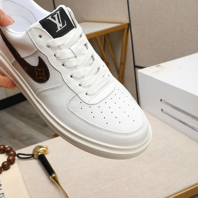 LV AIR FORCE 1 GLOSSY WHITE CALFSKIN WITH BROWN MONOGRAM LOGO