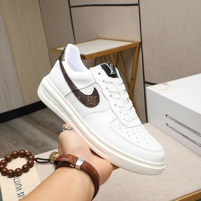 LV AIR FORCE 1 GLOSSY WHITE CALFSKIN WITH BROWN MONOGRAM LOGO