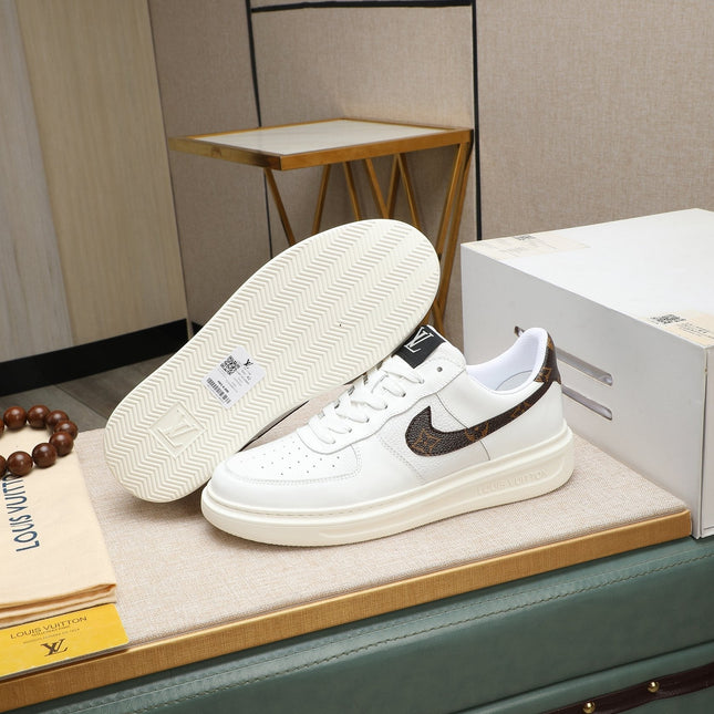 LV AIR FORCE 1 GLOSSY WHITE CALFSKIN WITH BROWN MONOGRAM LOGO