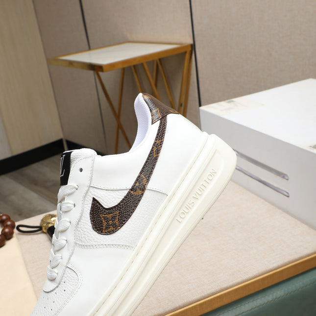 LV AIR FORCE 1 GLOSSY WHITE CALFSKIN WITH BROWN MONOGRAM LOGO