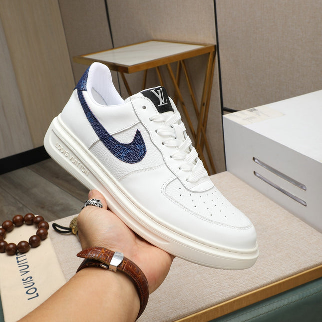 LV AIR FORCE 1 GLOSSY WHITE CALFSKIN WITH BLUE MONOGRAM LOGO