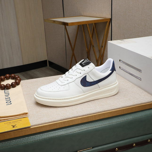 LV AIR FORCE 1 GLOSSY WHITE CALFSKIN WITH BLUE MONOGRAM LOGO