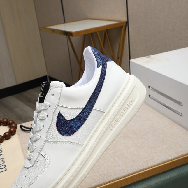 LV AIR FORCE 1 GLOSSY WHITE CALFSKIN WITH BLUE MONOGRAM LOGO
