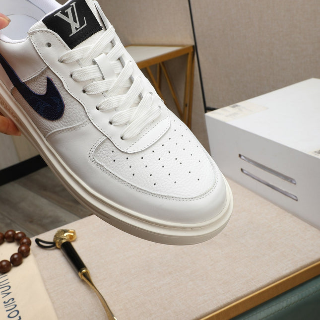 LV AIR FORCE 1 GLOSSY WHITE CALFSKIN WITH BLUE MONOGRAM LOGO