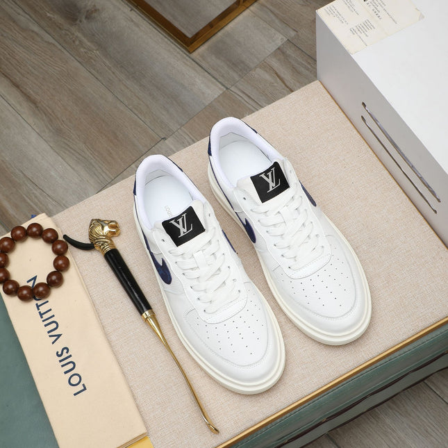 LV AIR FORCE 1 GLOSSY WHITE CALFSKIN WITH BLUE MONOGRAM LOGO