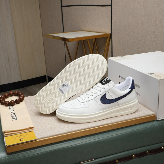 LV AIR FORCE 1 GLOSSY WHITE CALFSKIN WITH BLUE MONOGRAM LOGO