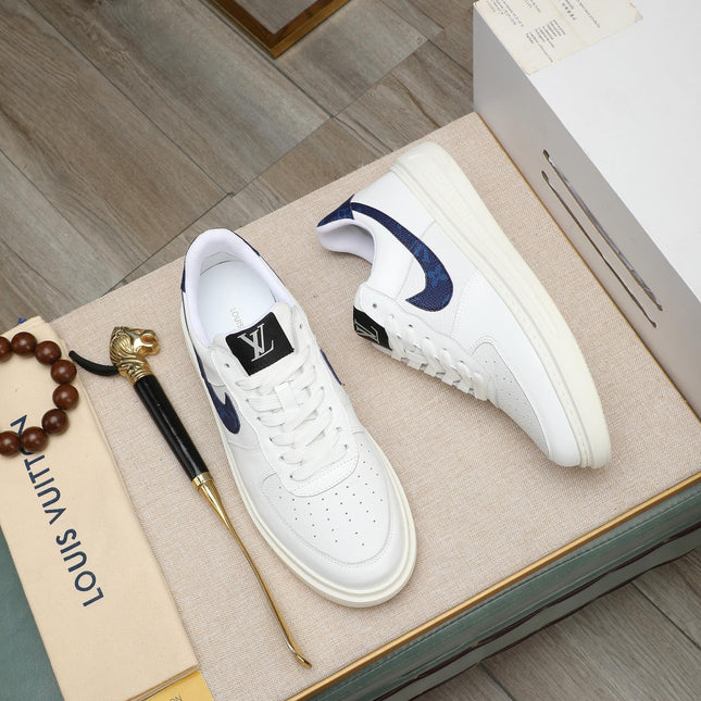 LV AIR FORCE 1 GLOSSY WHITE CALFSKIN WITH BLUE MONOGRAM LOGO