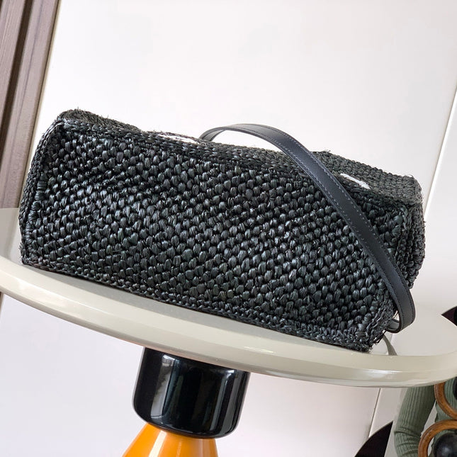 LOEWE 25S WE FONT TOTE BAG 24 IN BLACK RAFFIA FIBER