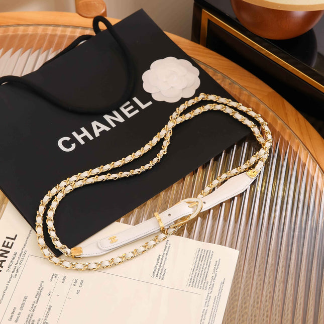 CC CHAIN BELT WITH GOLD HARDWARE AND WHITE CALFSKIN