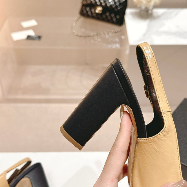 HIGH SLINGBACKS PEANUT BROWN MIX BLACK SHEEPSKIN