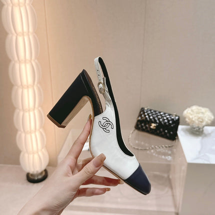 HIGH SLINGBACKS WHITE MIX BLACK SHEEPSKIN