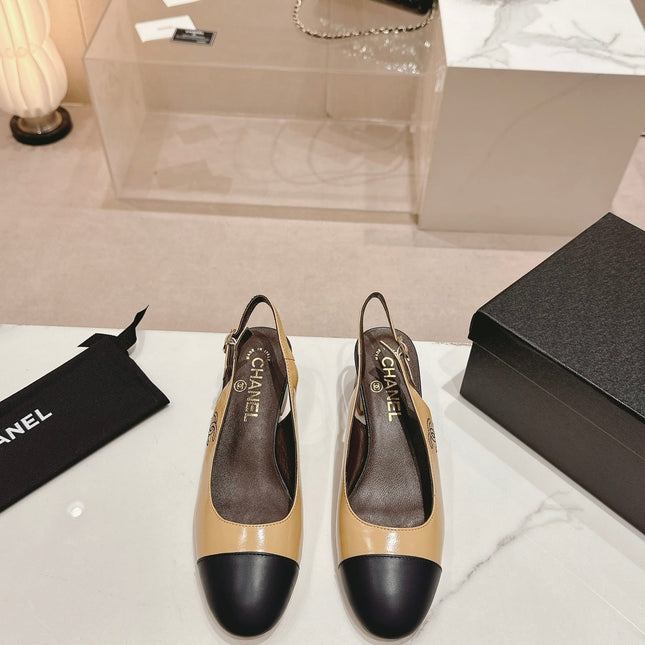 SLINGBACKS PEANUT BROWN MIX BLACK SHEEPSKIN