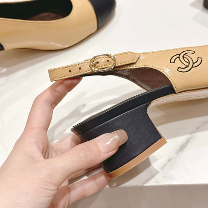 SLINGBACKS PEANUT BROWN MIX BLACK SHEEPSKIN