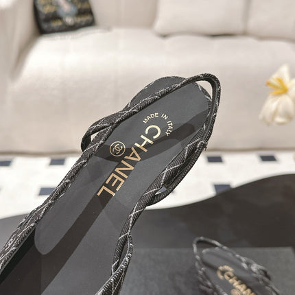 CC SLINGBACK 25S 25 MM IN BLACK DENIM WITH PLAID PATTERN