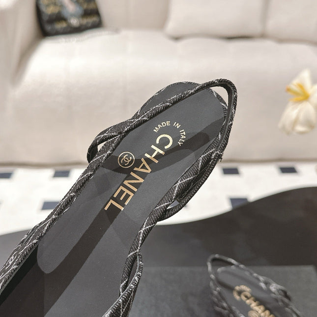 CC SLINGBACK 25S 25 MM IN BLACK DENIM WITH PLAID PATTERN