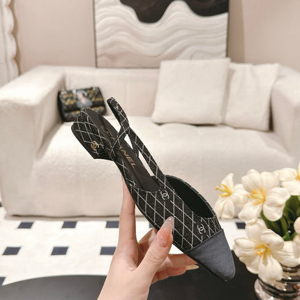 CC SLINGBACK 25S 25 MM IN BLACK DENIM WITH PLAID PATTERN