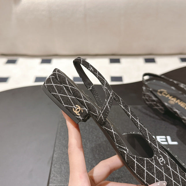 CC SLINGBACK 25S 25 MM IN BLACK DENIM WITH PLAID PATTERN