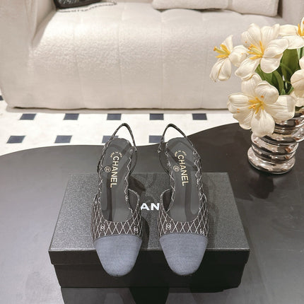 CC SLINGBACK 25S 65 MM IN BLACK DENIM WITH PLAID PATTERN