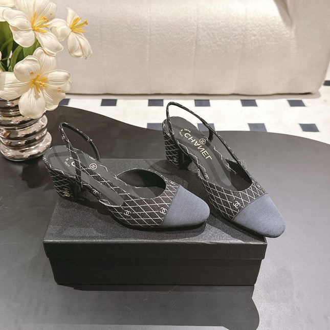 CC SLINGBACK 25S 65 MM IN BLACK DENIM WITH PLAID PATTERN