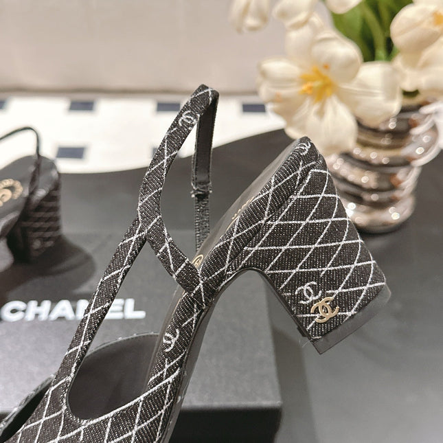 CC SLINGBACK 25S 65 MM IN BLACK DENIM WITH PLAID PATTERN