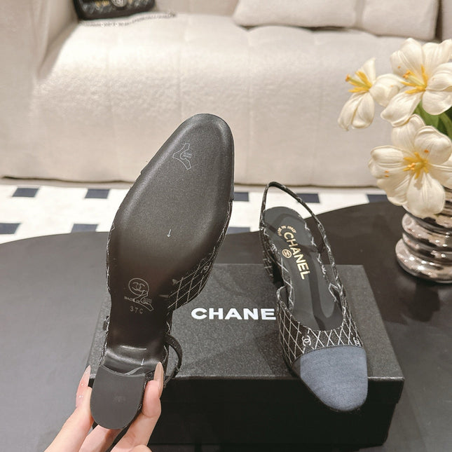 CC SLINGBACK 25S 65 MM IN BLACK DENIM WITH PLAID PATTERN