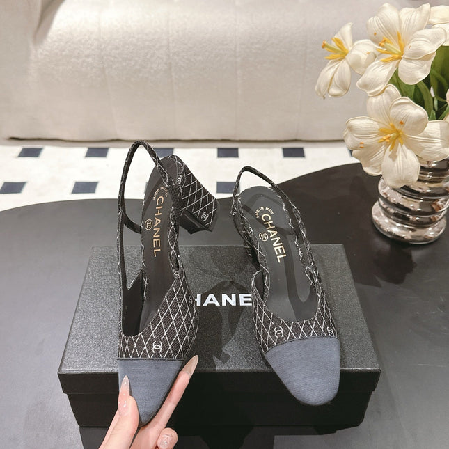 CC SLINGBACK 25S 65 MM IN BLACK DENIM WITH PLAID PATTERN