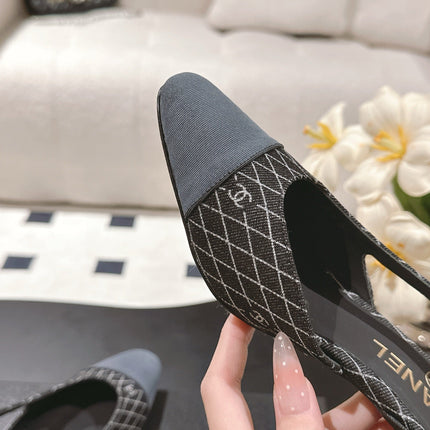 CC SLINGBACK 25S 65 MM IN BLACK DENIM WITH PLAID PATTERN