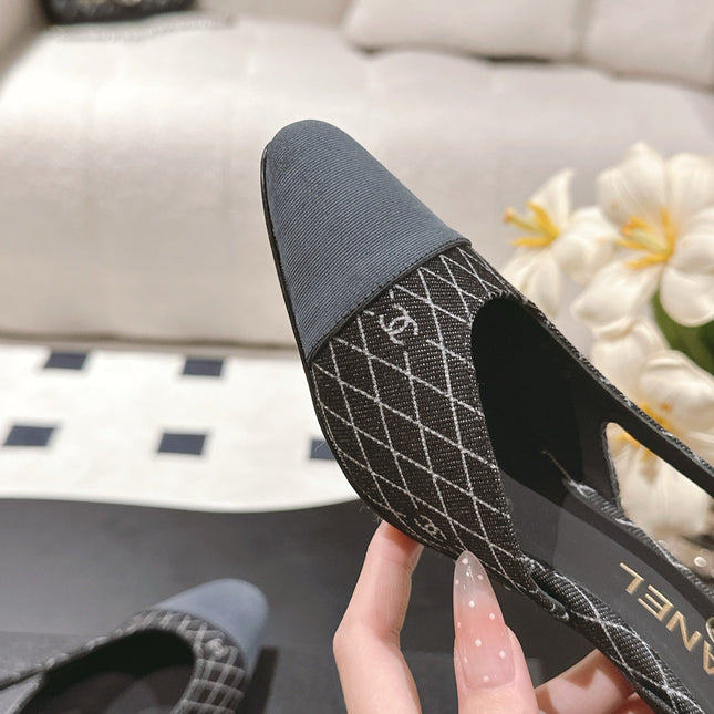 CC SLINGBACK 25S 65 MM IN BLACK DENIM WITH PLAID PATTERN