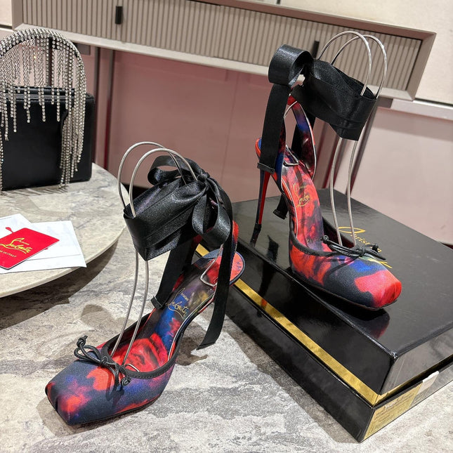 CASSIA LACE UP 100MM IN RED AND MULTICOLOR SATIN