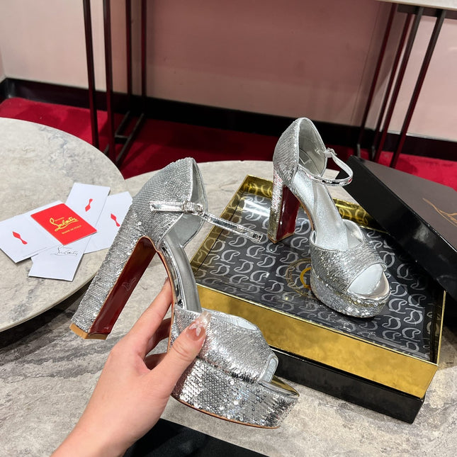 GLITTER SANDALOO PLATFORM SANDALS 130MM IN SILVER-TONE CALFSKIN